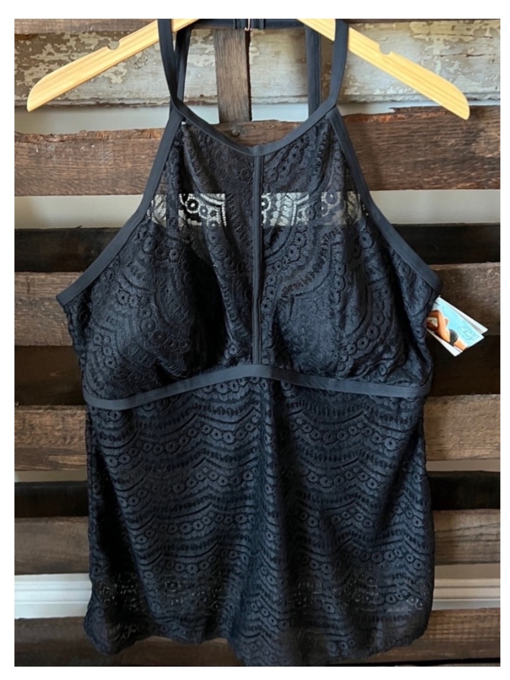 NWT SMART & SEXY Plus Hi-Neck Crochet Tankini Swim Top in Black 2X
